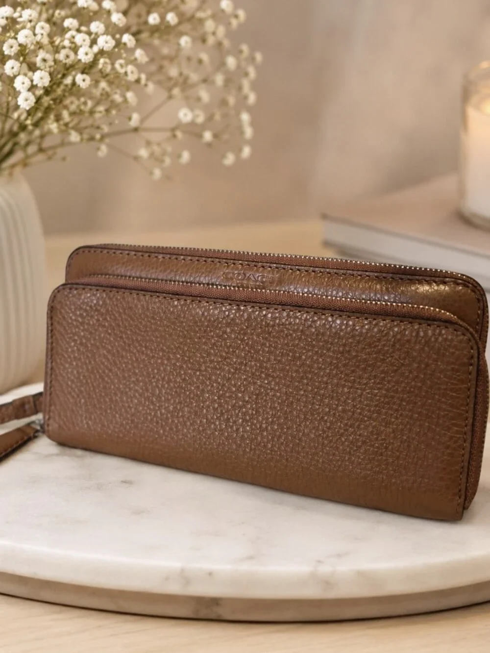 NEW Coach Park Leather Double Accordion Zip Wallet Wristlet Camel Tan F51725